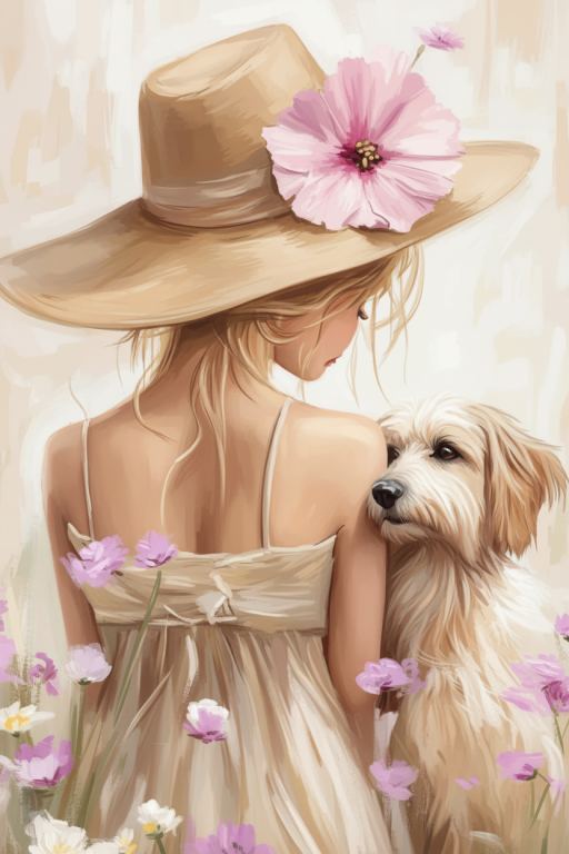 Girl with a dog among flowers