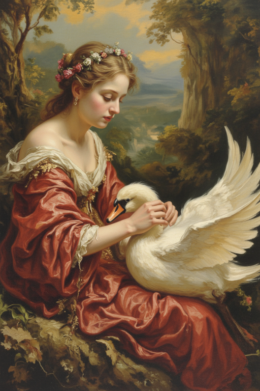 Girl with a swan in a landscape