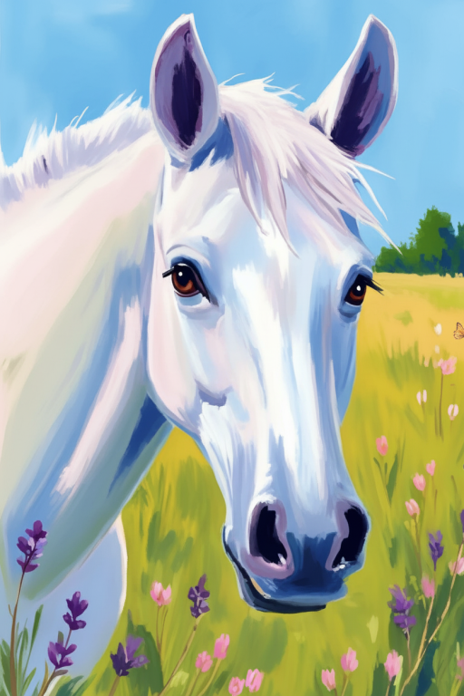 White horse in a field of flowers