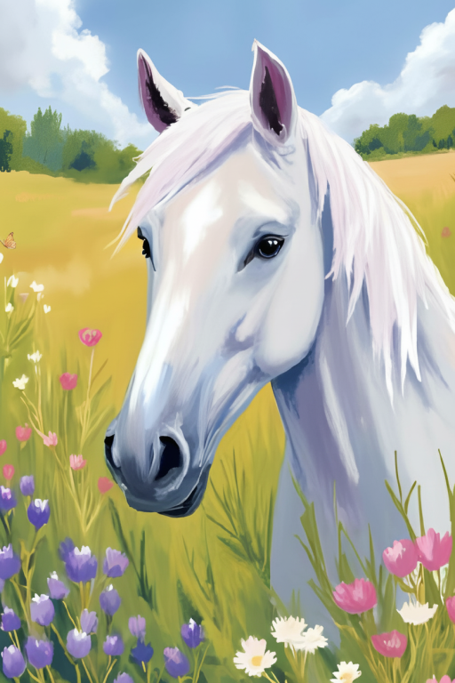 White horse in a field of flowers