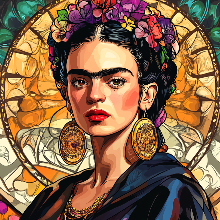Frida Kahlo portrait in the style of Alphonse Mucha.
