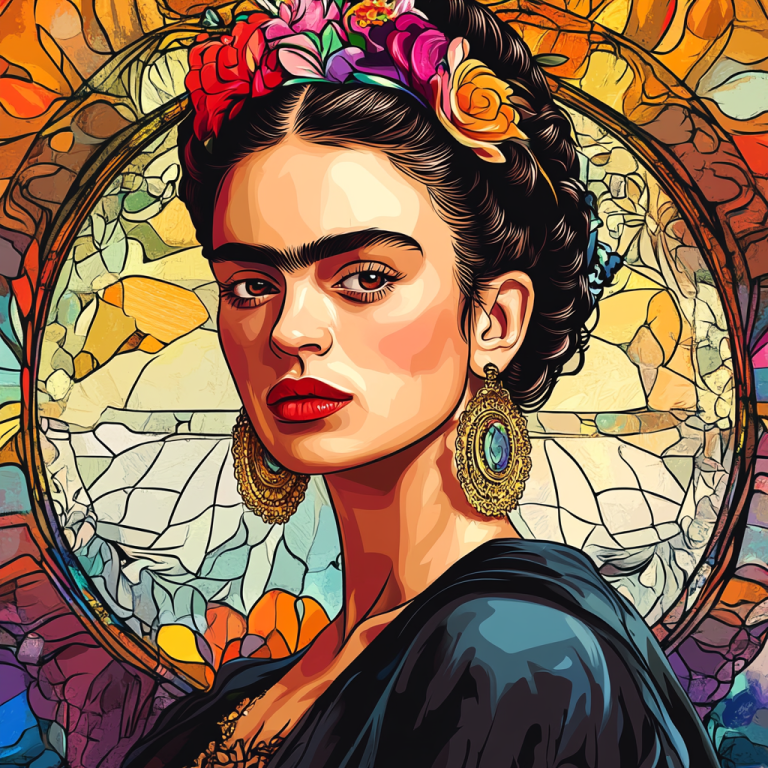 Frida Kahlo portrait in the style of Alphonse Mucha.