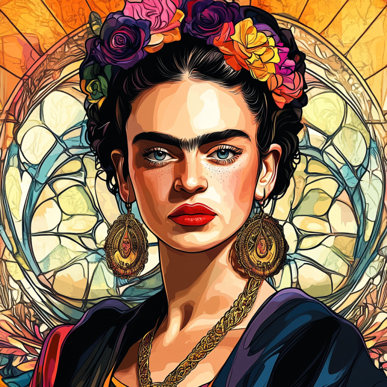 Frida Kahlo portrait in the style of Alphonse Mucha.
