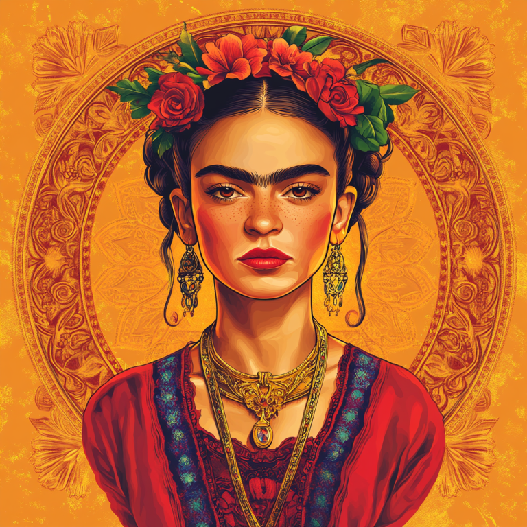 Frida Kahlo portrait in the style of Alphonse Mucha.
