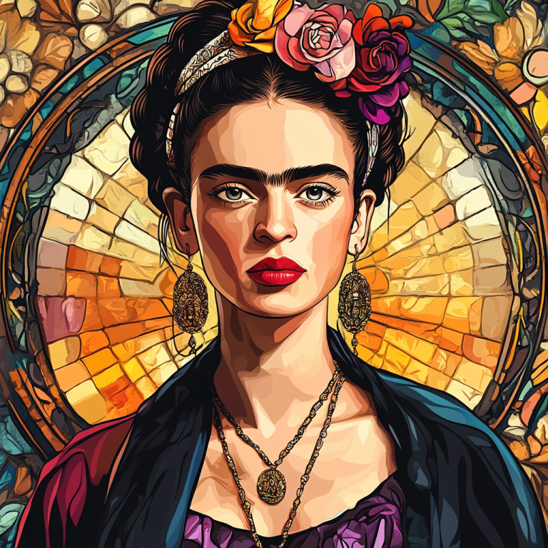 Frida Kahlo portrait in the style of Alphonse Mucha.