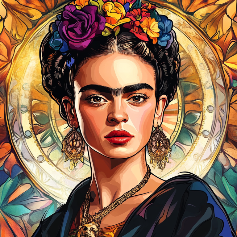 Frida Kahlo portrait in the style of Alphonse Mucha.