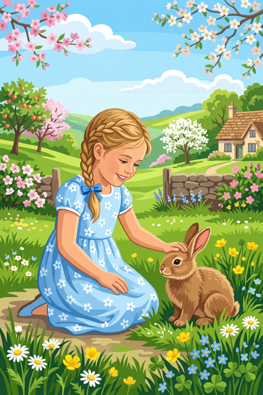 Lány nyuszival tavaszi tájban