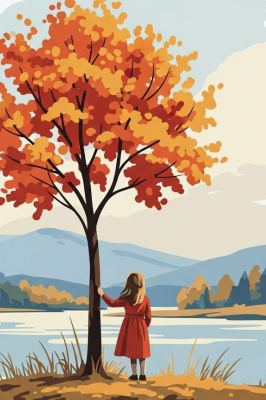 Little girl by the tree (needlepoint tapestry)