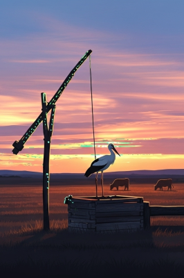 Watering well with a stork - evening scene