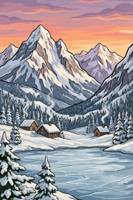 Mountain village by the frozen lake