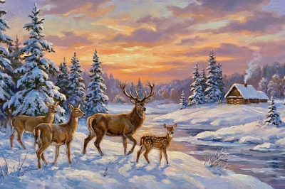 Deer in winter by the forest cabin