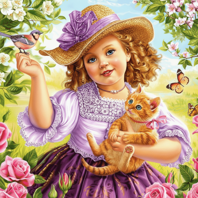 Little girl in the garden with a kitten