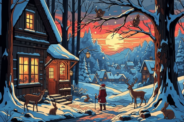 Winter landscape with Santa Claus, needlepoint tapestry