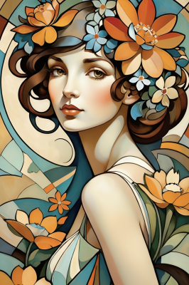 Portrait in the style of Alphonse Mucha, featuring a needlepoint tapestry.