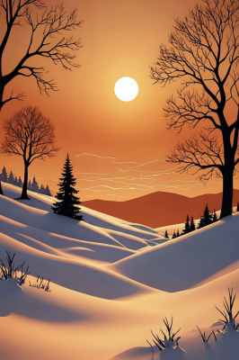 Winter landscape with an orange sky