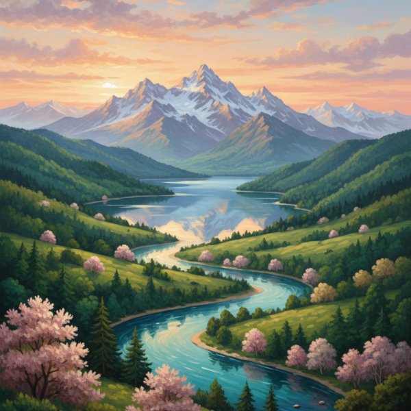 Mountain landscape with flowering trees