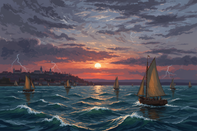 Stormy sunset with sailboats