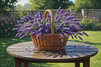 Lavender in a basket in the garden