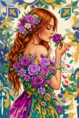 Lady with purple roses