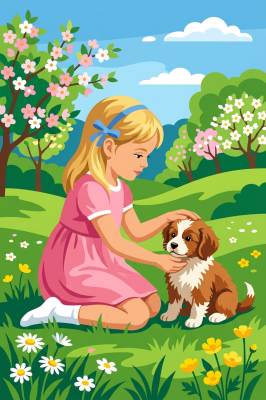 Girl with dog in a spring landscape