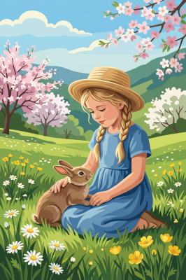 Girl with bunny in a spring meadow