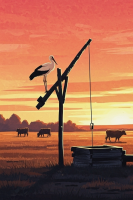 A stork flew to the old well.