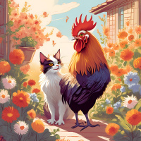The cat and the rooster
