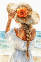 Girl in a hat by the water, needlepoint tapestry