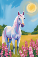 Horse with flowers in the meadow