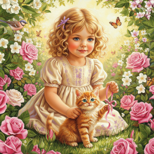Little girl, kitten, rose garden idyll.