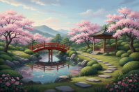 Japanese garden with cherry blossoms