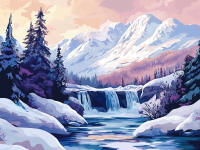 Waterfall at the foot of the snowy mountain.